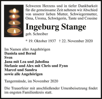 Traueranzeige von Ingeburg Stange (geb. Schreiber)  von Magdeburger Volksstimme