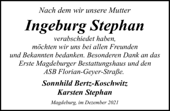 Traueranzeige von Ingeburg Stephan  von Magdeburger Volksstimme