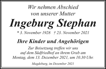 Traueranzeige von Ingeburg Stephan  von Magdeburger Volksstimme