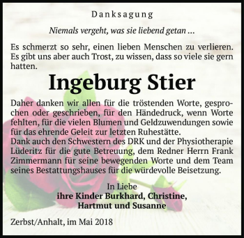 Traueranzeige von Ingeburg Stier  von Magdeburger Volksstimme