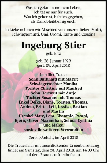 Traueranzeige von Ingeburg Stier (geb. Eltz)  von Magdeburger Volksstimme