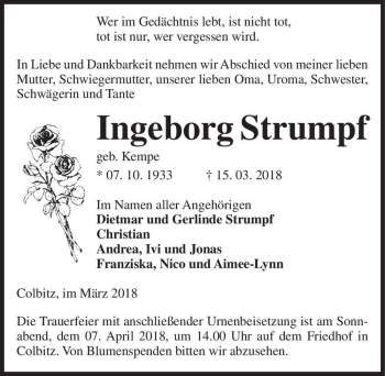 Traueranzeige von Ingeburg Strumpf (geb. Kempe)  von Magdeburger Volksstimme