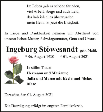 Traueranzeige von Ingeburg Stöwesandt (geb. Malik)  von Magdeburger Volksstimme