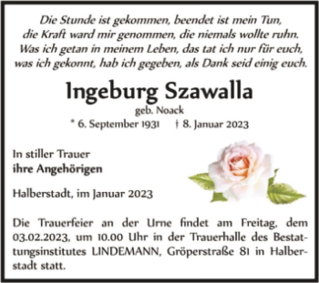 Traueranzeige von Ingeburg Szawalla (geb. Noack)  von Magdeburger Volksstimme