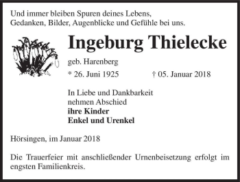 Traueranzeige von Ingeburg Thielecke (geb. Harenberg)  von Magdeburger Volksstimme