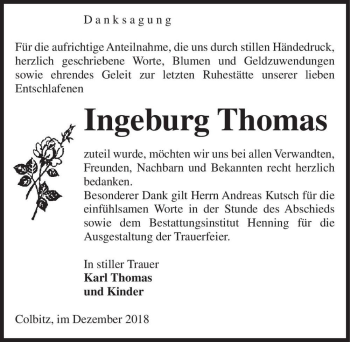 Traueranzeige von Ingeburg Thomas  von Magdeburger Volksstimme