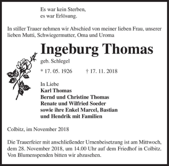 Traueranzeige von Ingeburg Thomas (geb. Schlegel)  von Magdeburger Volksstimme