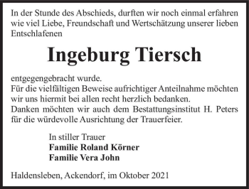 Traueranzeige von Ingeburg Tiersch  von Magdeburger Volksstimme