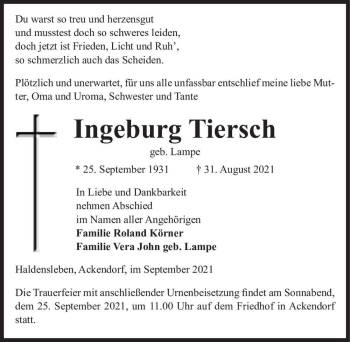 Traueranzeige von Ingeburg Tiersch (geb. Lampe)  von Magdeburger Volksstimme
