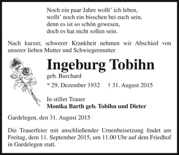 Traueranzeige von Ingeburg Tobihn (geb. Burchard)  von Magdeburger Volksstimme