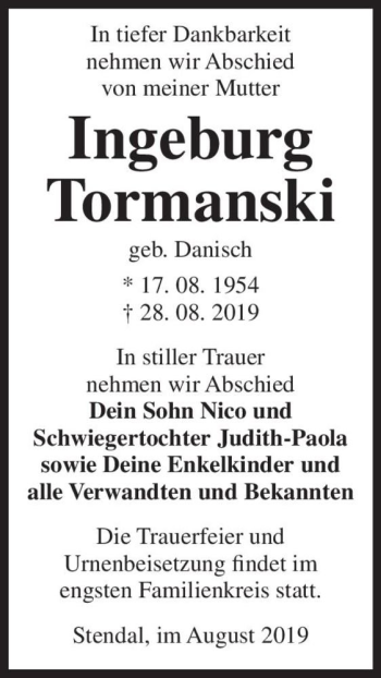 Traueranzeige von Ingeburg Tormanski (geb. Danisch)  von Magdeburger Volksstimme