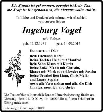 Traueranzeige von Ingeburg Vogel (geb. Krüger)  von Magdeburger Volksstimme