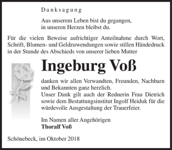 Traueranzeige von Ingeburg Voß  von Magdeburger Volksstimme