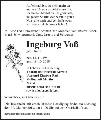 Traueranzeige von Ingeburg Voß (geb. Dietze)  von Magdeburger Volksstimme