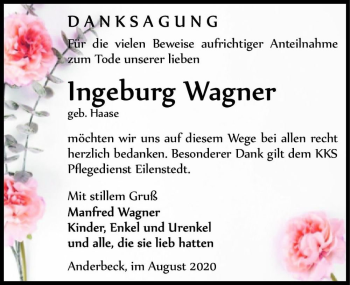 Traueranzeige von Ingeburg Wagner (geb. Haase)  von Magdeburger Volksstimme