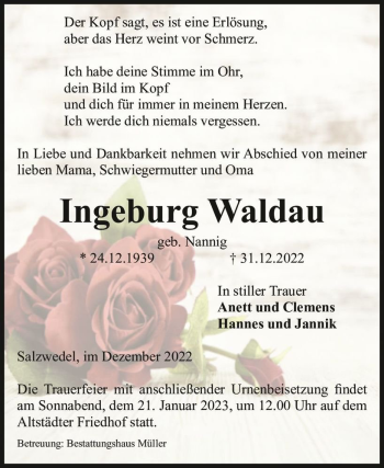 Traueranzeige von Ingeburg Waldau (geb. Nannig)  von Magdeburger Volksstimme