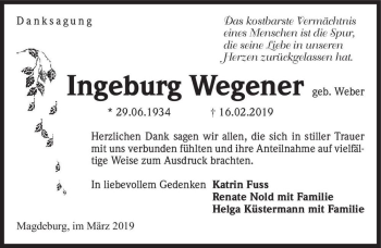 Traueranzeige von Ingeburg Wegener (geb. Weber)  von Magdeburger Volksstimme