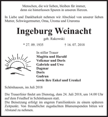 Traueranzeige von Ingeburg Weinacht (geb. Rakowski)  von Magdeburger Volksstimme
