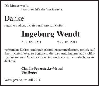 Traueranzeige von Ingeburg Wendt  von Magdeburger Volksstimme