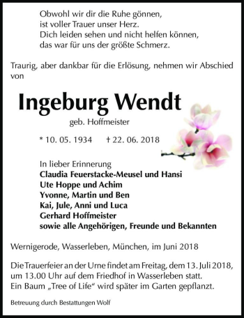 Traueranzeige von Ingeburg Wendt (geb. Hoffmeister)  von Magdeburger Volksstimme