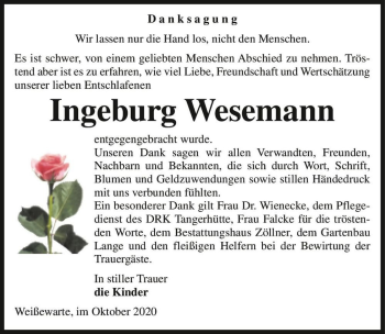 Traueranzeige von Ingeburg Wesemann  von Magdeburger Volksstimme
