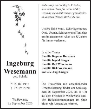 Traueranzeige von Ingeburg Wesemann (geb. Schulz)  von Magdeburger Volksstimme