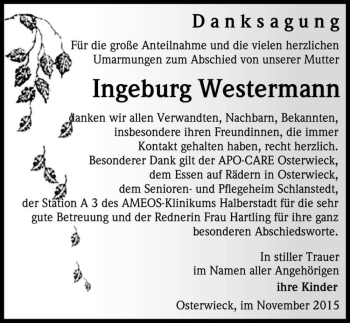 Traueranzeige von Ingeburg Westermann  von Magdeburger Volksstimme