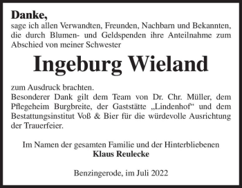 Traueranzeige von Ingeburg Wieland  von Magdeburger Volksstimme