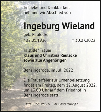 Traueranzeige von Ingeburg Wieland (geb. Reulecke)  von Magdeburger Volksstimme