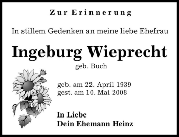 Traueranzeige von Ingeburg Wieprecht (geb. Buch)  von Magdeburger Volksstimme