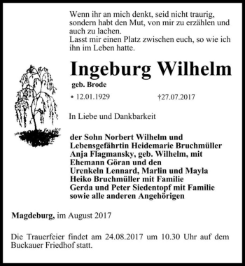 Traueranzeige von Ingeburg Wilhelm (geb. Brode)  von Magdeburger Volksstimme