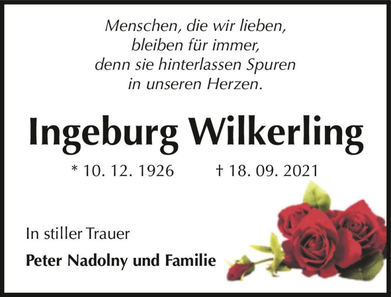  Traueranzeige für Ingeburg Wilkerling  vom 02.10.2021 aus Magdeburger Volksstimme