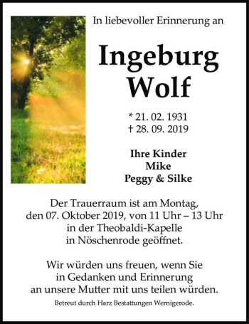 Traueranzeige von Ingeburg Wolf  von Magdeburger Volksstimme