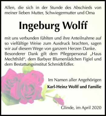 Traueranzeige von Ingeburg Wolff  von Magdeburger Volksstimme