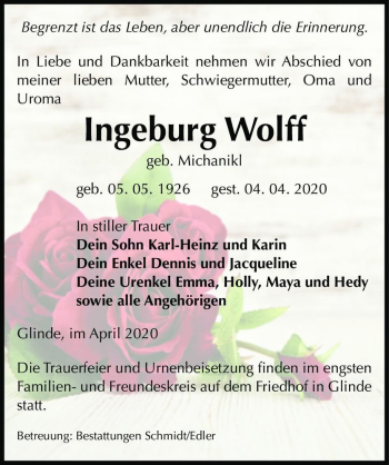 Traueranzeige von Ingeburg Wolff (geb. Michanikl)  von Magdeburger Volksstimme