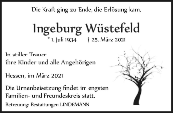 Traueranzeige von Ingeburg Wüstefeld  von Magdeburger Volksstimme