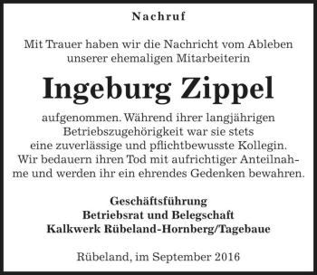 Traueranzeige von Ingeburg Zippel  von Magdeburger Volksstimme