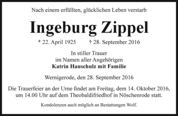 Traueranzeige von Ingeburg Zippel  von Magdeburger Volksstimme