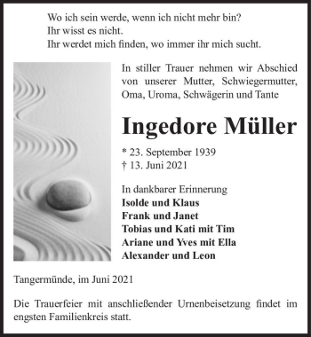 Traueranzeige von Ingedore Müller  von Magdeburger Volksstimme