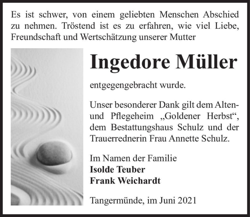  Traueranzeige für Ingedore Müller  vom 03.07.2021 aus Magdeburger Volksstimme