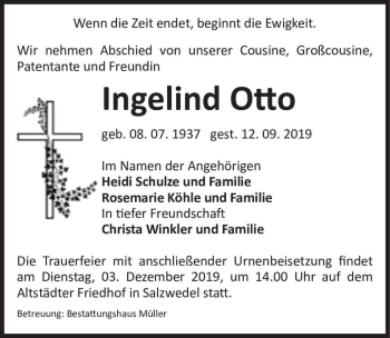 Traueranzeige von Ingelind Otto  von Magdeburger Volksstimme