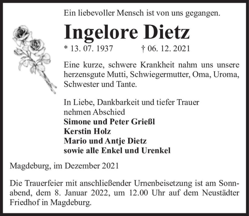  Traueranzeige für Ingelore Dietz  vom 18.12.2021 aus Magdeburger Volksstimme