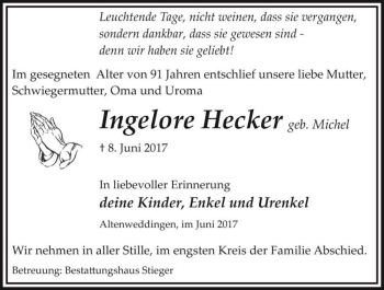 Traueranzeige von Ingelore Hecker (geb. Michel)  von Magdeburger Volksstimme