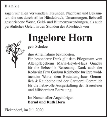 Traueranzeige von Ingelore Horn (geb. Schulze)  von Magdeburger Volksstimme