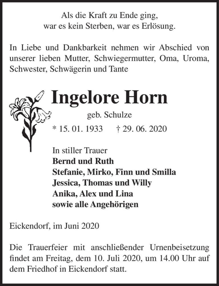  Traueranzeige für Ingelore Horn (geb. Schulze)  vom 04.07.2020 aus Magdeburger Volksstimme