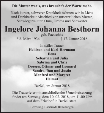 Traueranzeige von Ingelore Johanna Besthorn (geb. Paetschke)  von Magdeburger Volksstimme