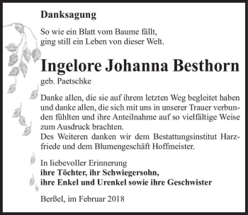 Traueranzeige von Ingelore Johanna Besthorn (geb. Paetschke)  von Magdeburger Volksstimme