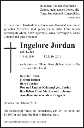 Traueranzeige von Ingelore Jordan (geb. Lüdge)  von Magdeburger Volksstimme