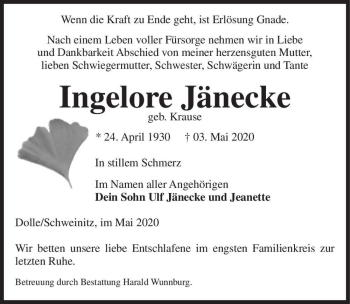 Traueranzeige von Ingelore Jänecke (geb. Krause)  von Magdeburger Volksstimme