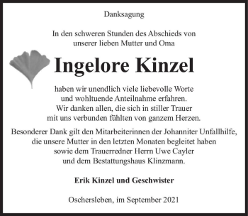 Traueranzeige von Ingelore Kinzel  von Magdeburger Volksstimme